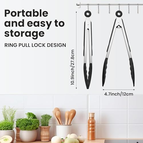 Image of Premium Steel and Siliconel Heat Resistant Kitchen Tongs for Cooking | Non Scratch Silicone Tip for Pans,Air Fryer,Barbeque, Serving | 10 inch - 230C Heat-Resistant (Black) (Pack of 01)