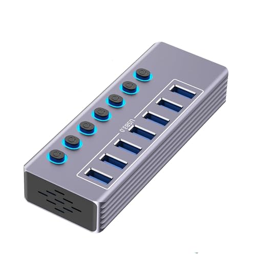 Image of Powered 7-Port USB 3.0 Hub, USB C to 7 Ports USB Data Hub Splitter with Individual LED On /Off Switche, 3.3FT Cable, 12V /3A Power Adapter, for Laptop MacBook Pro /Air PC (Aluminum Gary)