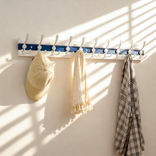 Image of SKOLOO Coastal Wall Mounted Coat Rack - 38-1 /8 inch Beach House Entryway Wooden Coat Hook with 10 Hooks for Hanging Coats, Hats or Towels, Oceanfront Cottage Core Collection, White & Blue
