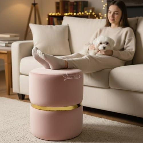 Image of Round Single Strip Upholstered Stool Living Room Foot Rest Linen Fabric Padded Seat Pouf Ottoman Office Stool Pink