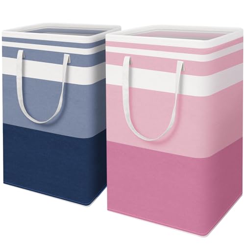 HomeHacks 2 Pack Large Laundry Baskets, Waterproof, Freestanding Laundry Hampers, Collapsible Clothes Hamper with Reinforced Handles in Laundry, College Dorm, Bathroom, Bedroom (Blue+Pink, 88Lx2)