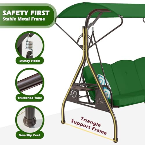 Image of ZZW 800LBS Patio Swing with Canopy 3 Seat Outdoor Porch Swing with Stand w /Cup Holder & Pillow Glider Chair Swing Bed for Patio Backyard Poolside (Green)