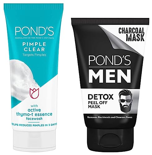 Image of POND'S Men Charcoal Blackhead Removal Detox Peel Off Mask, Removes Oil & Lifts Dead Skin Cells, Deep Pore Cleansing, Brightens Skin, 75g & POND'S Pimple Clear Face Wash, 100g