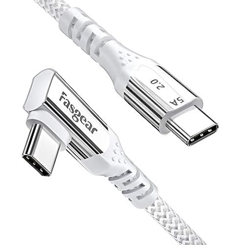 Fasgear Kabel USB C do USB C Kątowy 90 stopni 100 W Kabel 5A PD Fast Charge typu C Kompatybilny z Mac-Book Pro Air i-Pad Pro 2020 Galaxy S20 Huawei P40 Lenovo ThinkPad Dell XPS HP (Biały, 3 m)