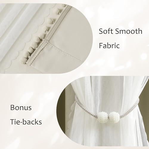 Image of Pom-Pom Blackout Curtains with Sheer Overlay for Bedroom 84 inchL Ivory Mix and Match Double Layer Blackout Curtains for Living Room Nursery Kid's Room Drapes with Tiebacks Rod Pocket 52 inch W x2 Natural