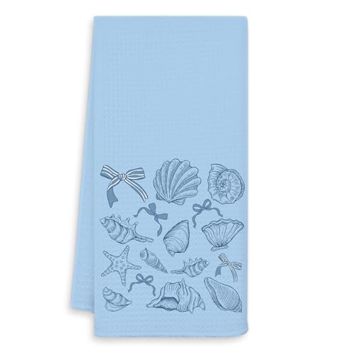 OSLYSOF Coquette Blue Bow Beach Kitchen Towels, Coastal Nautical Dish Tea Towels for Kitchen Decor, Blue Preppy Seashell Starfish Beach Decorative Hand Towels for Bathroom, 16x24 Inch