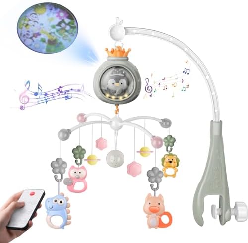 Crib Mobile with Music and Lights, Mobiles for Cribs, Baby Nursery Space Portable Infant Arm Hanger for Girls Boys Babies Bassinets Pack and Play Clip On Attachment, Toys Musical Hanging