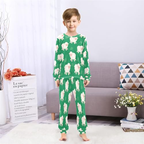 Little Sheep Green Soft Pajama Set for All Seasons,Breathable Pjs Long Sleeve Sleepwear,Comfy Loungewear 2 Piece Underwear Set 8T4