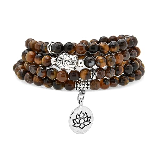 Bracelet Mala 108 perles 6mm collier bouddhiste de prière Lotus