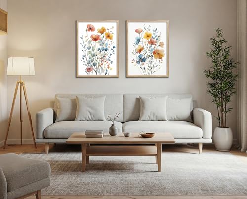 Image of Framed Colorful Flowers Canvas Wall Art for Bathroom Decor, Blue Floral Print, Yellow Orange Flowers Artwork Pictures Poster for Bedroom Living Room Office Decoration 12 inchx16 inchx2 Panels