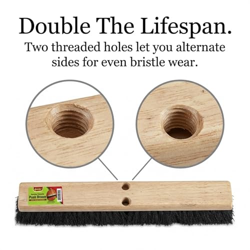 Image of Black Indoor Push Broom Head - Heavy Duty Hardwood Block - Polypropylene Bristles - Deck Scrub Brush - Two Threaded Handle Holes for Better Assist (24 inch)