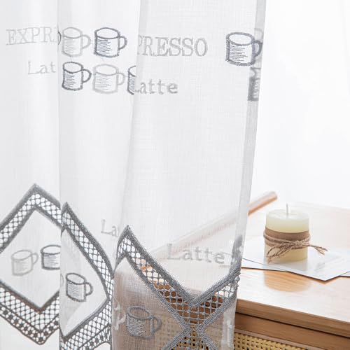 Daliena Scheibengardine Küche Kaffeemotive Bestickte Bistrogardine Gardine mit Lochleiste Küchen Vorhang, Kleine Fenstergardinen Durchsichtig für Wohnzimmer Cafés Stores Grau (BxH 90x80cm) 1 stück