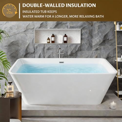 Image of 59 inch Acrylic Freestanding Bathtub with Chrome Drain Kit, Contemporary Square Soaking Tub with Overflow and Flexible PVC Drain Pipe, Double-Walled Insulation, cUPC Certified, Glossy White Finish