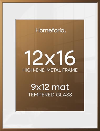 Image of Homeforia 12x16 Picture Frame Bronze, High End Metal 12x16 Brass Poster Frames with Mat 9x12 Photo, 12 x 16 Bronze Frame Matted to 9 by 12 Print, 16by12 Thin Frames, Tempered Glass, Wall Kit, Set of 1