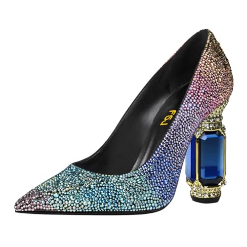 FSJ Women Crystal Chunky High Heel Pumps Closed Pointed Toe Sexy Block Heels with Rhinestones Slip On Bridal Party Wedding Dress Shoes Size 4-16 US