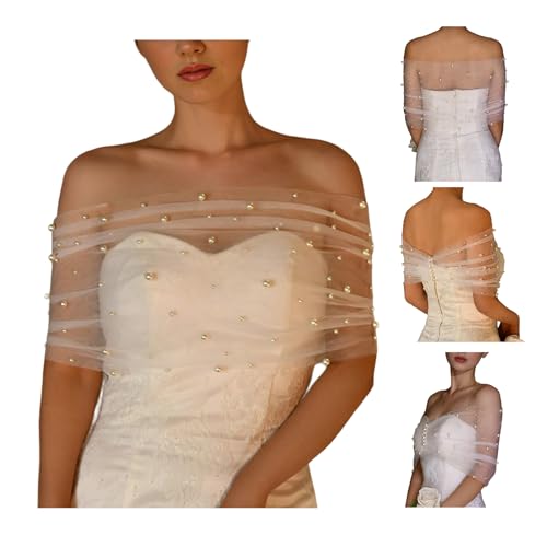 Wedding Bridal Shoulder Wrap Sheer Shawl with Pearl Beads Shoulder Wrap Elegant Simple Formal Banquets Party Shawl, 115cm, Beige Snow2