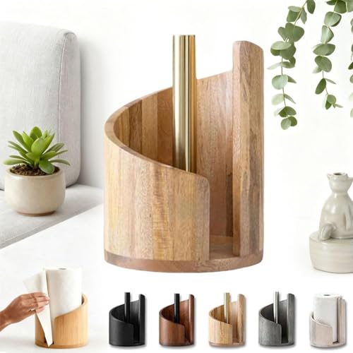 Mountain Porte-rouleau d'essuie-tout en bois avec base en bois de manguier et support en fer, design autonome à une main, s'adapte aux rouleaux Jumbo pour...