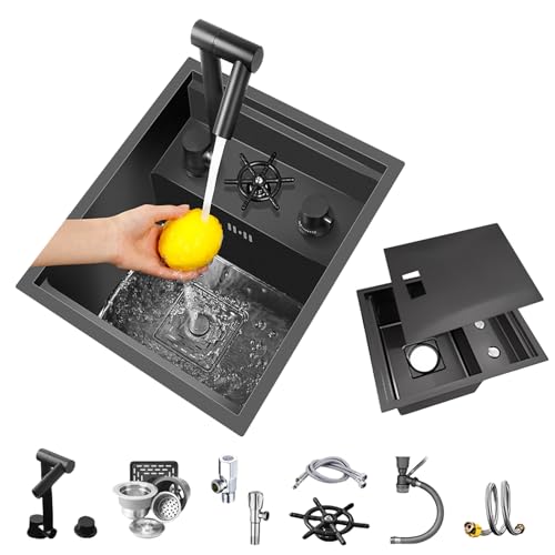 Coubird Évier de cuisine noir invisible à poser sur/sous comptoir pour bar de camping-car avec robinet pliable intégré, petit évier simple en acier...