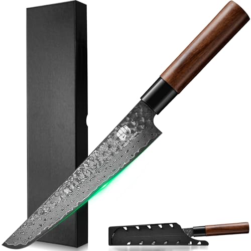 FULLHI Cuchillo Japonés de Acero Damasco con Funda, Hoja Forjada Martillada Mango de Madera Cuchillo Gyutou para Filetear con Caja para Cocinar, Camping Barbacoa (Cuchillo fileteador de 20,6 cm)