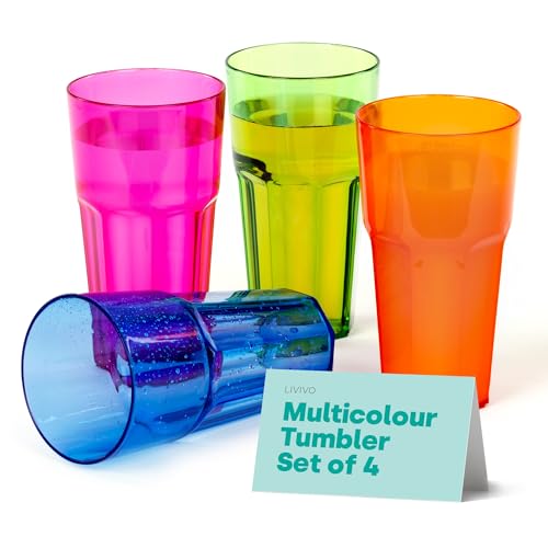 Set of 4 Plastic Tumblers - 600ml Plastic Cups Reusable, Stackable Design, BPA Free, Unbreakable Plastic Glasses - Clear Drinking Tumblers Adults and Kids - Ideal for Picnic, Camping and Party