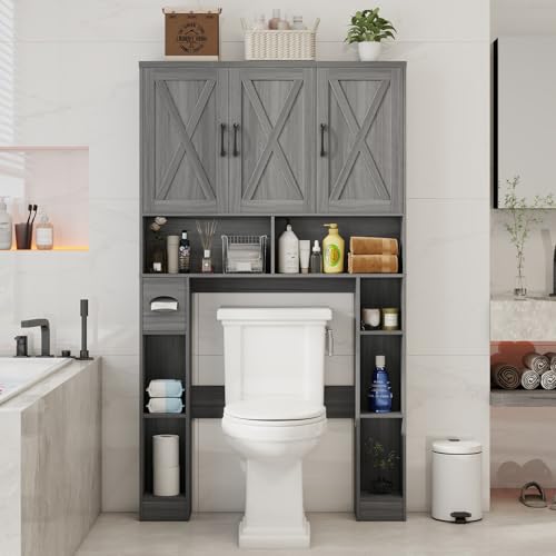 Vabches Over The Toilet Storage Cabinet with 3 Barn Doors.Wash Grey