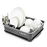 DIVCHI Dish Drainer & Drying Rack with Removable Drip Tray & Cutlery Holder Space Saving Plastic Dish Draining Organizer for Kitchen Counter, Detachable Water Tray with Spoon Holder (Grey)