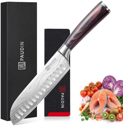 PAUDIN 17,8cm Santoku-Messer, 5Cr15MoV Stahl Pakkaholzgriff Superscharf | Allround Santoku mit Antihaft-Kuhlen, 13° Schliff, perfekte Balance, rostfest für Fisch, Fleisch und Gemüs