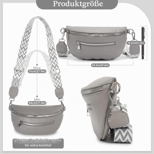 Bafiwu Umhängetasche Damen Klein, Crossbody Bag Damen Leder Grau, Crossbody Bag Damen Stylisch Gürteltasche Umhängetaschen Damen Tasche Mit Breiter Gurt (Grau)