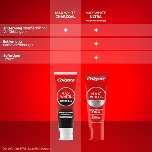 Colgate Zahnpasta Max White Charcoal 4x75ml - Zahncreme mit Aktivkohle, entfernt bis zu 100% der oberflächlichen Verfärbungen