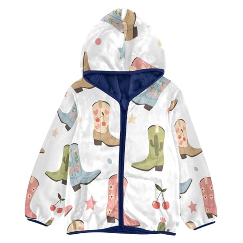 Cowboy Boots with Floral Prints Toddler Fleece Jacket Girl Boys Hooded Fleece Jacket Coat Warm Outwear Zip-up 3-10T