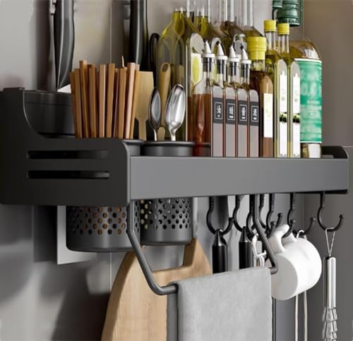 Estante de especias montado en la pared, color negro, estante de cocina de 60 cm, almacenamiento flotante para tarros de especias y botellas, estante de pared multiusos para cocina, elegante soporte