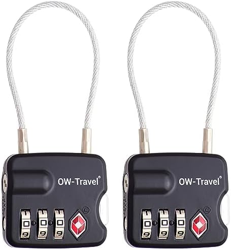 OW-Travel TSA Kłódka z Linką i Zamkiem Szyfrowym (Zestaw 2 Czarnych) 3 Cyfrowe Kłódki Walizkowe. Kłódka na szyfr na Plecak, Walizkę, Bagaż, Kłódki Szyfrowe Bagażowe, Szafek na