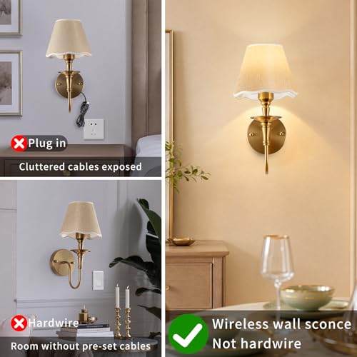 Image of EIDISUNY Battery Operated Wall Sconces Set of 2, Rattan Wall Sconce with RGB Rechargeable Dimmable Bulbs, Brass-Color Wireless Wall Sconce with Remote for Bedroom, Living Room, Hallway