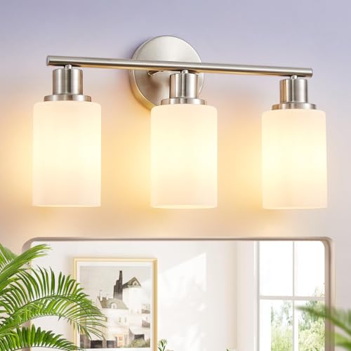 Image of DLLT 3-Light Bathroom Light Fixtures: Nickel Modern Vanity Lights with E26 Bulbs - Milky White Glass Shade Bathroom Wall Lamp for Mirror Kitchen Living Room Hallway Cabinet Porch