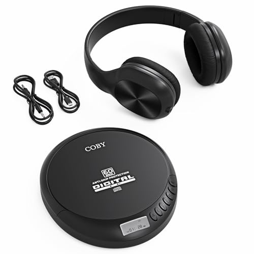 Image of Coby Portable CD Player with Headphones, FM Radio, MP3 Playback, Black | 60-Second Anti-Skip for Home, Car & Travel, CD-R /CD-RW /MP3 Playback, 2 AA or USB Power, Simple Buttons, Foldable Headphones