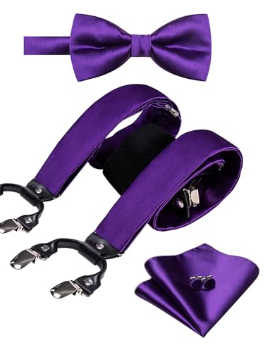 Image of YOHOWA Men Suspenders 6 Clips Strength Adjustable Y Braces Pre-Tied Bow Tie Set Formal Wedding Party