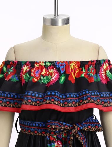 FYMNSI Girls Mexican Dress Spring Summer Off-Shoulder Ruffle Traditional Folk Maxi Dress Belted Cinco De Mayo Fiesta Sundress4