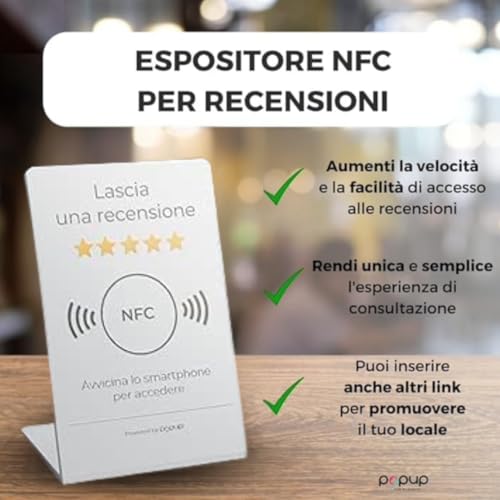 popup Espositore per Recensioni NFC PVC bianco 105 x 70mm per aumentare Recensioni su Google, TripAdvisor, Trustpilot e altro | Compatibile con Android e IOS|