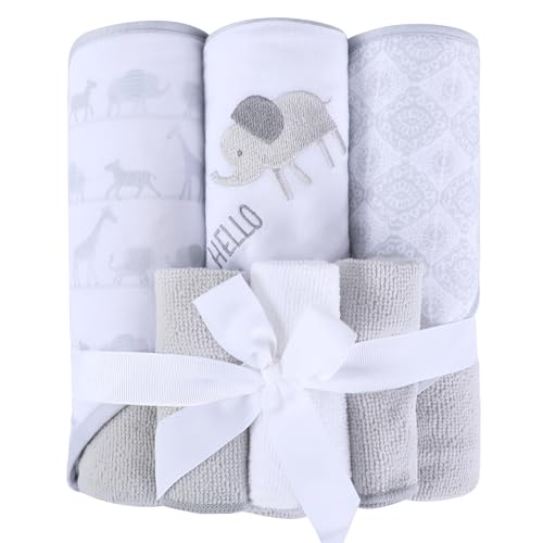 Image of Viviland Baby Towels and Baby Wash Cloths Set Hooded Baby Towels Baby Wipes Absorbent Bath Face Towels Burp Cloths or Face Towels for Girl Boy 6-Pack Size 28 x 28 Inch(Grey Animal Friends)