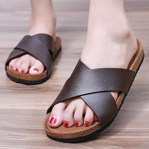 Image of Sandals Women Wide Width, Cork Footbed Arch Support Summer Beach Slide Sandals, Adjustable Strap for Wide Feet