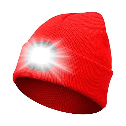 Sminiker Beanie Hat with Light Unisex USB Rechargeable Beanie Cap with Light Headlamp Beanie for Men, Women, Teens Red Cover