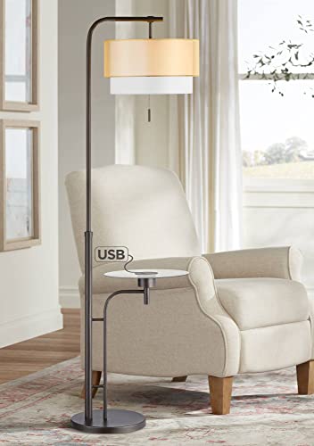 Dion Modern Floor Lamp with Tray Table and USB Charging Port 66" Tall Bronze Double Champagne Organza Linen Drum Shade for Living Room Reading House Bedroom Home - Possini Euro Design