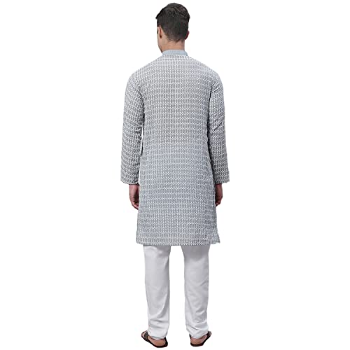 Image of SOJANYA (Since 1958 Men's Pure Cotton Blue Kurta with White Embroidery and White Pyjama Set