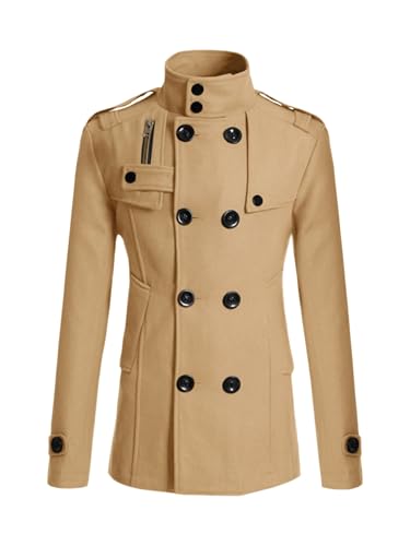 Lars Amadeus Men's Khaki Pea Coats Stand Collar Double Breasted Lars Amadeus Men's Khaki Pea Coats Stand Collar Double Breasted