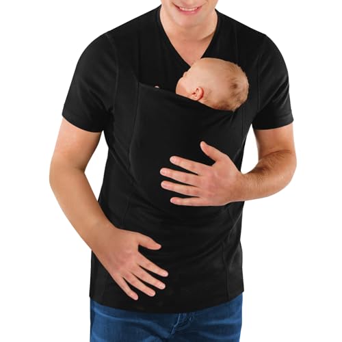 Mens Dad Shirts Baby Carrier Shirt Short Sleeve Skin to Skin New Dad Gifts T-Shirt with Pocket Black