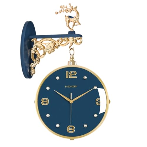 Reloj de doble cara, silencioso sin tictac, diseño de decoración dorada, decoración de ciervos y flores, acabados blancos y dorados, reloj de decoración del hogar para sala de estar, pasillo