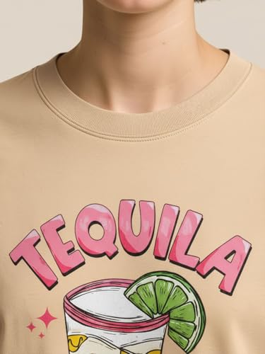 Image of HELLCAT Beige Trendy Printed Oversized T-Shirt for Women