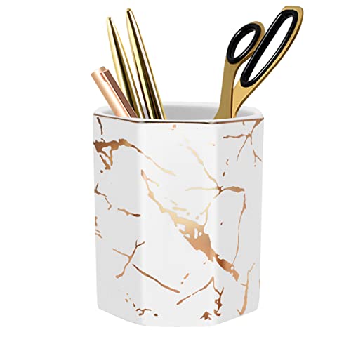 WAVEYU Makeup Brush Holder, Pen Holder for Desk, Stand for Desk Marble Pattern Pencil Cup for Kids Durable Ceramic Desk Organizer for Home, Office, White (Upgrade Larger Capacity)