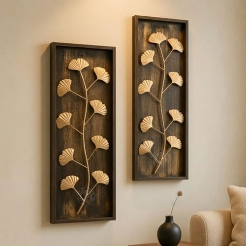 Image of DSH Leaf Wall Art Panels Modern Rustic Home Decor Wall Hanging Sculpture for Living Room, Bedroom & Office (45X15 CM) Decoration Item (Ginkgo Leaf, 2 Frames)