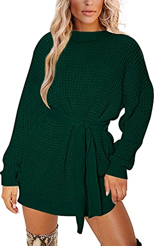 YUOIOYU Women s Long Sleeve Waffle Knit Sweater Dress Tie Wasit Pullover Tunic Sweater DarkGreen